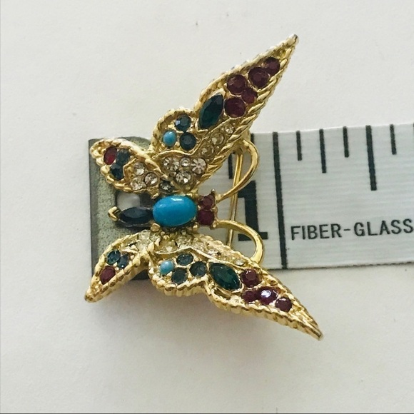 Vintage 80's Gold Plated Butterfly Brooch Pin with Crystals - Picture 7 of 8